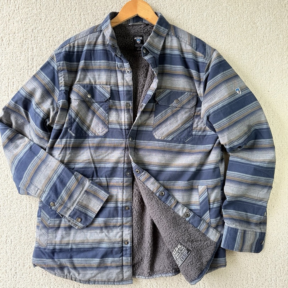 Kuhl Joyrydr Shirt Jac‎ Men's L Blue Stripe Fleece Lined Outdoor GorpCore $149